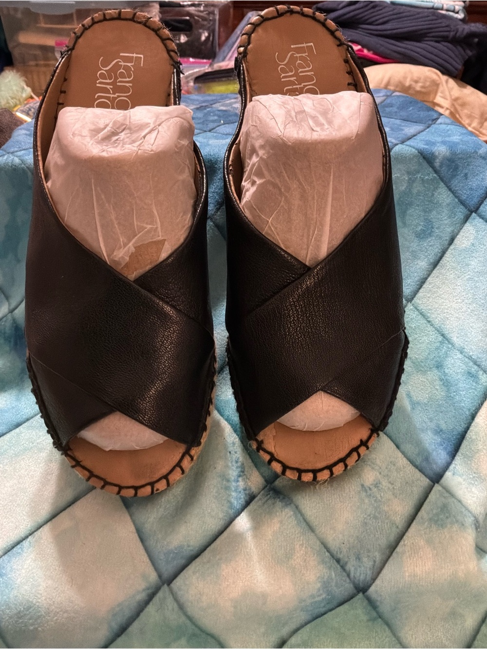Franco Sarto Black Leather Crisscross Slide Mules